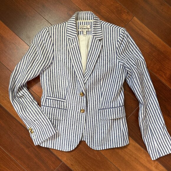 J. Crew Schoolboy Womens Blue White Stripped Blazer Sz 0 - Picture 1 of 7